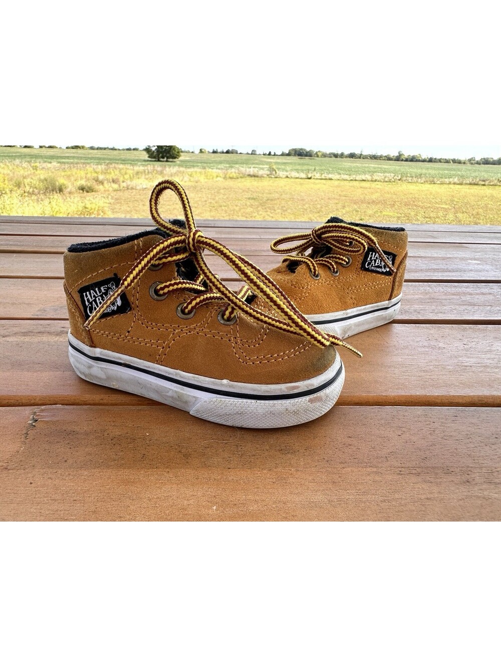 TODDLER Vans Skate Half Cab Brown Yellow Leather Shoes Toddler Size 4